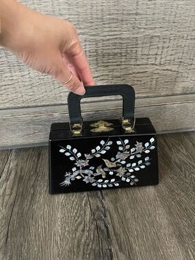 Black Floral Inlaid Mini Top-Handle Bag Vintage Chinese Small Purse